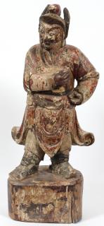 Appraisal: CHINESE CARVED WOOD POLYCHROME WARRIOR FIGURE CHINESE CARVED WOOD POLYCHROME