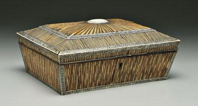 Appraisal: Quill work jewelry cask or sewing box sarcophagus form reeded