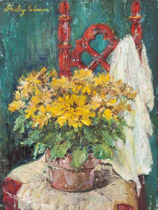 Appraisal: Shirley Coleman American th century Red Chair with Mums oil