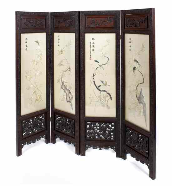 Appraisal: A Chinese Hardwood Four Panel Screen each panel having carved