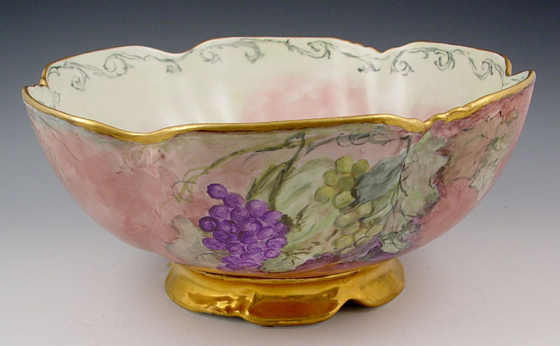 Appraisal: D C FRENCH LIMOGES GRAPE HANDPAINTED PUNCH BOWL Remy Delinieres