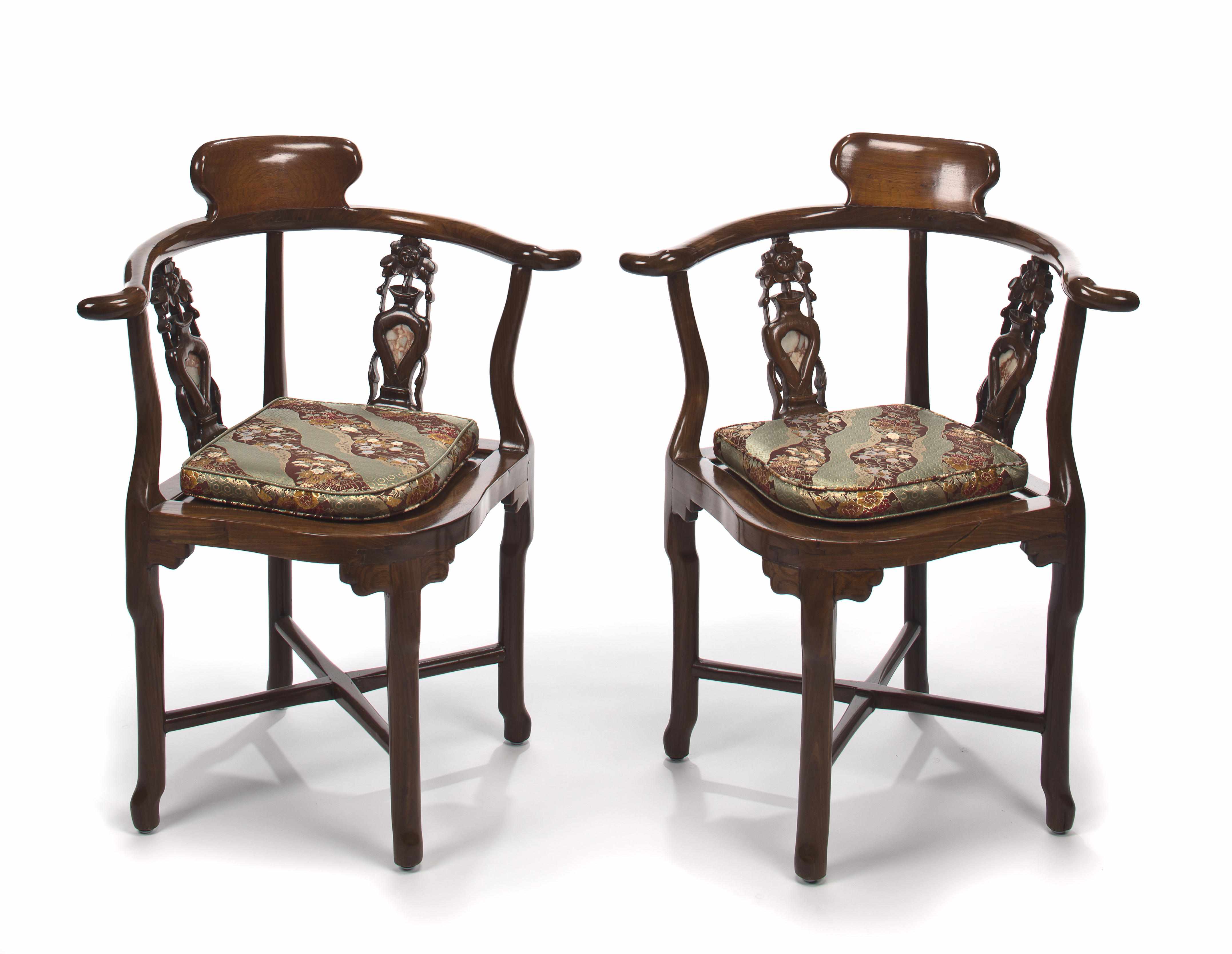 Appraisal: Pair of Chinese Export carved hardwood corner chairs th century