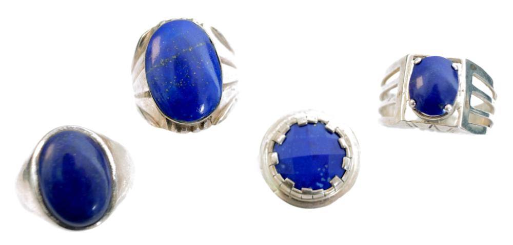 Appraisal: GROUP FOUR STERLING SILVER LAPIS LAZULI RINGSGroup of four sterling