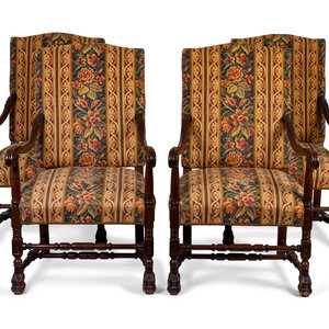 Appraisal: Four Spanish Colonial Style Carved Mahogany Open Armchairs TH CENTURY