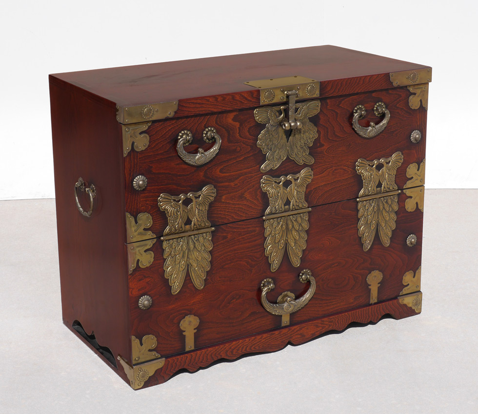 Appraisal: KOREAN STYLE CAMPAIGN CHEST Rosewood case brass accents to include