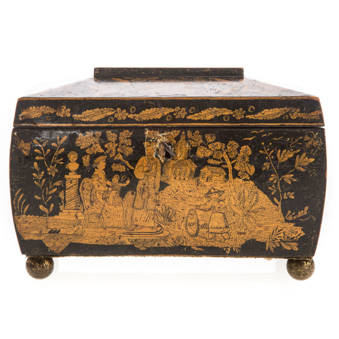 Appraisal: Regency pen work chinoiserie tea caddy circa elaborate pen work