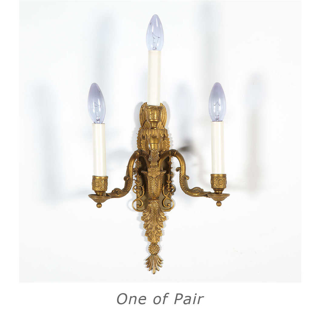 Appraisal: Pair of Empire Style Gilt-Metal Three-Light Sconces Each winged acanthus