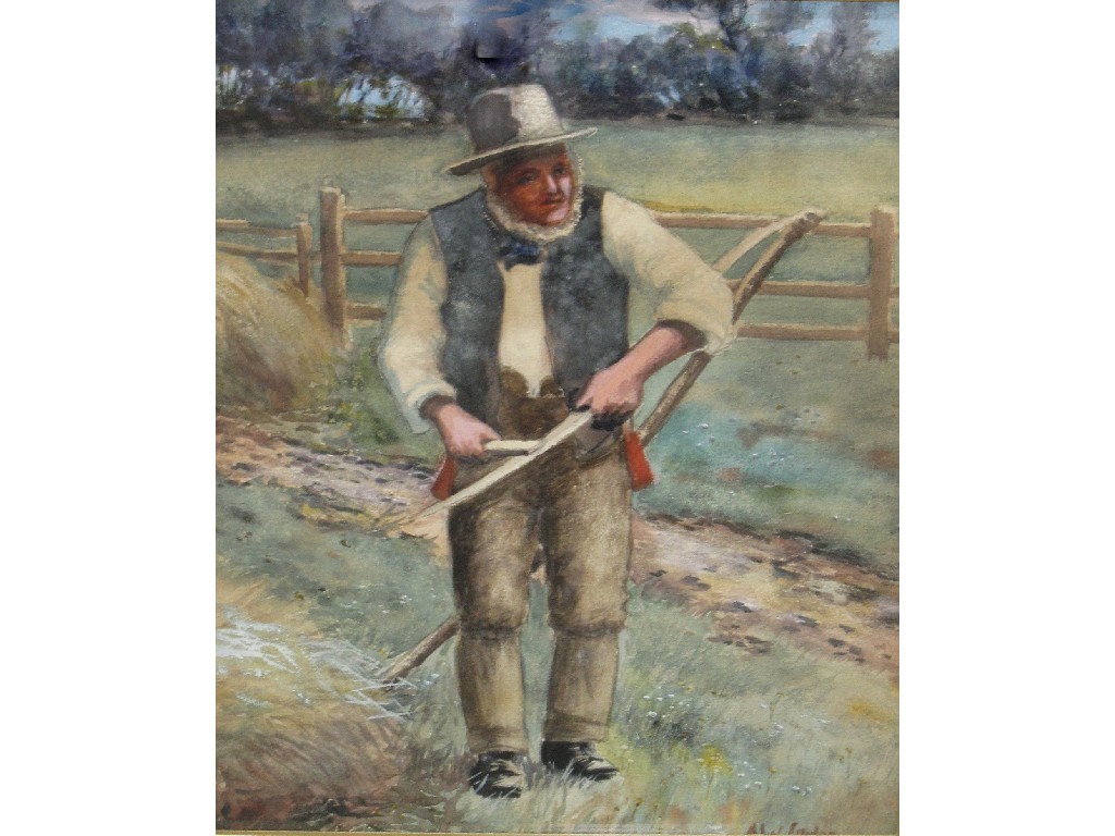 Appraisal: ALEX COWAN WHETTING THE SCYTHE Watercolour signed lower right