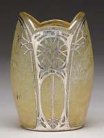 Appraisal: LOETZ SILVER OVERLAY VASE Lovely Loetz vase has gold iridescent