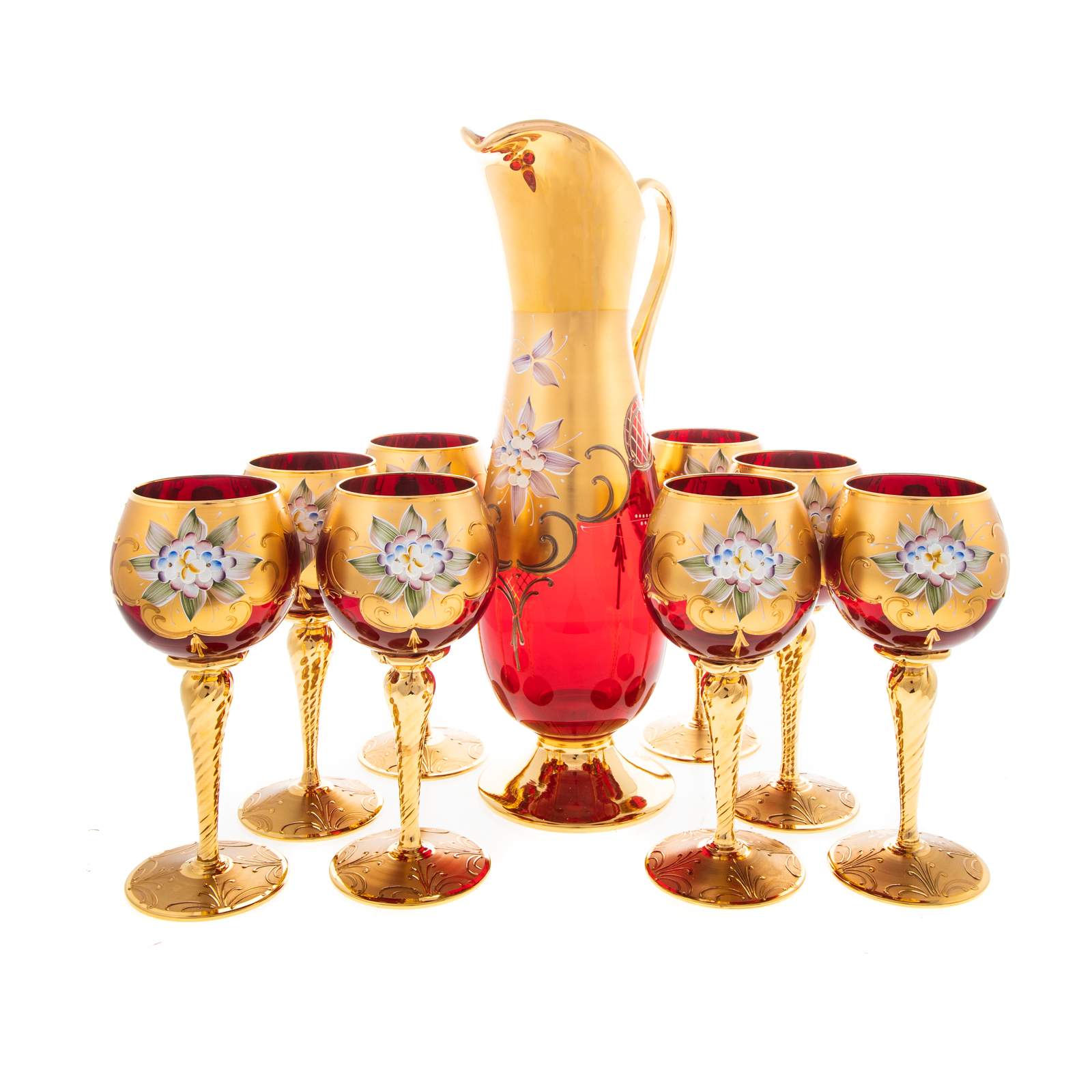 Appraisal: CONTINENTAL RUBY ENAMEL GLASS DRINK SET Ruby glass with floral