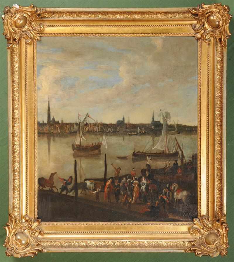 Appraisal: FLEMISH SCHOOL VIEW OF ANTWERP HARBOR Oil on canvas relined