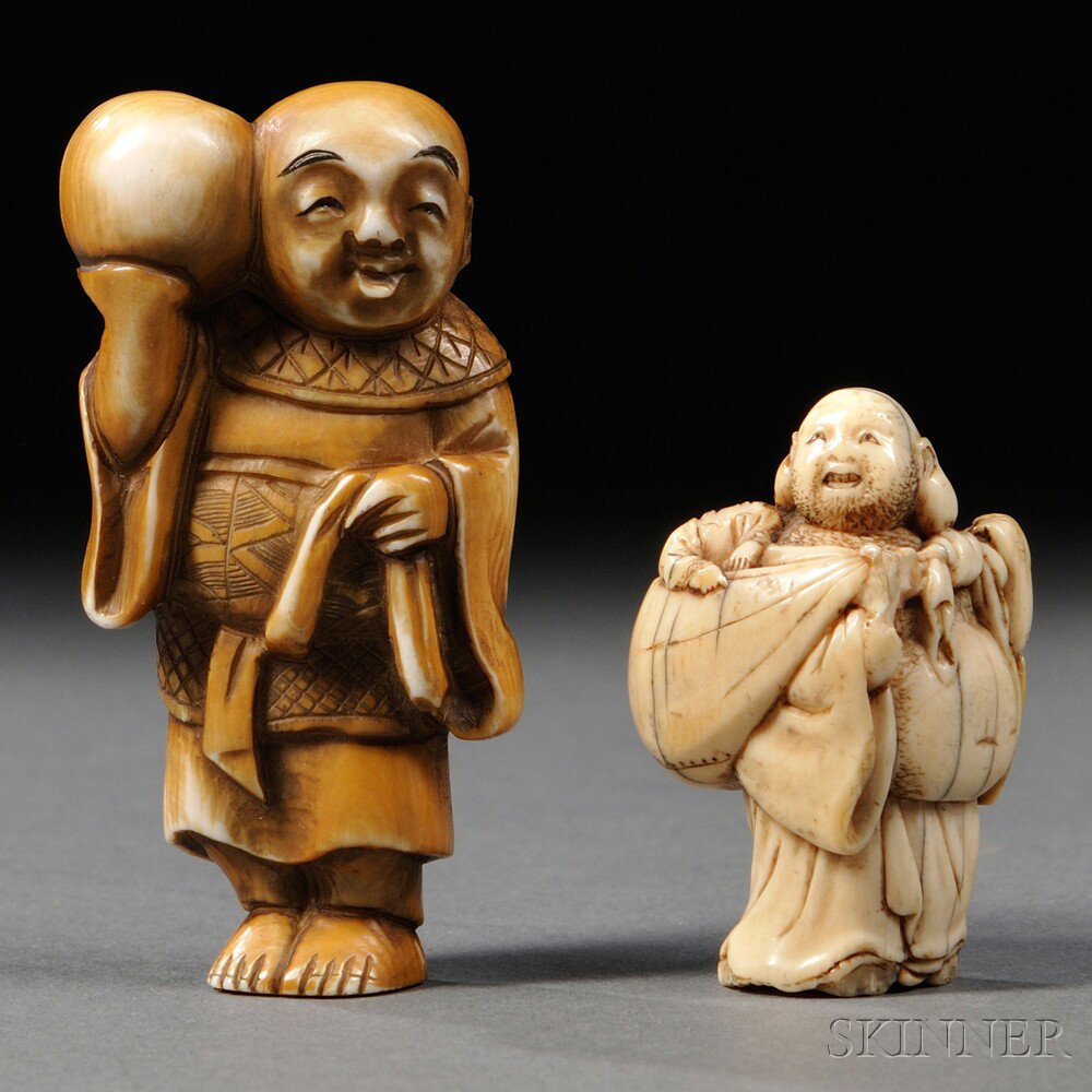 Appraisal: Two Ivory Netsukes Japan th th century a bald man