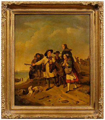 Appraisal: th century genre painting travelers on a beach unsigned oil