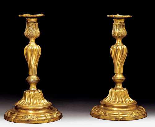 Appraisal: PAIR OF GILT BRONZE CANDLE HOLDERS Louis XV Paris circa