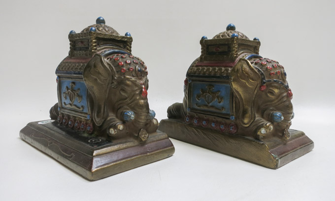 Appraisal: PAIR OF COMPOSITE ELEPHANT BOOK ENDS with hand painted polychrome