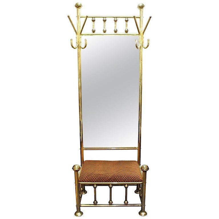 Appraisal: Mid-Century Brass Hall Tree Mirror w Bench Mid-Century Modern brass