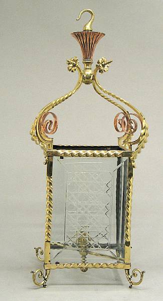 Appraisal: An English brass copper and etched glass lantern late th