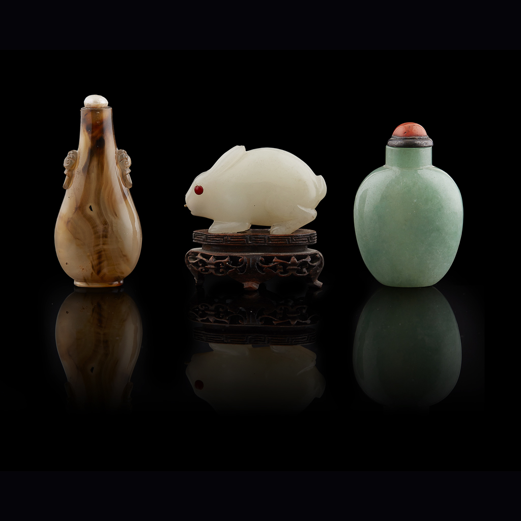 Appraisal: GROUP OF THREE SNUFF BOTTLES QING DYNASTY TH CENTURY the