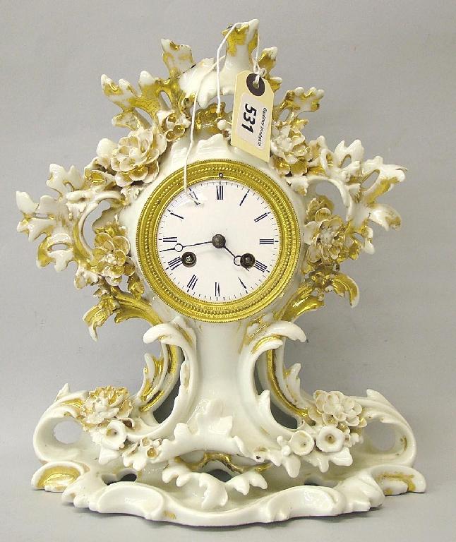 Appraisal: French white porcelain two train mantel clock the movement inscribed