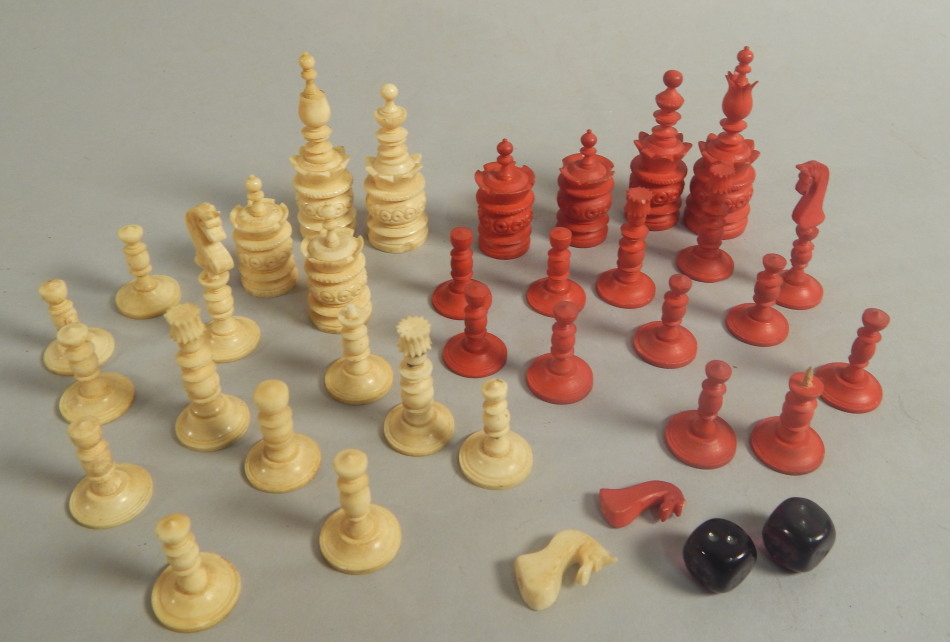 Appraisal: A thC ivory chess set carved with roundels etc the