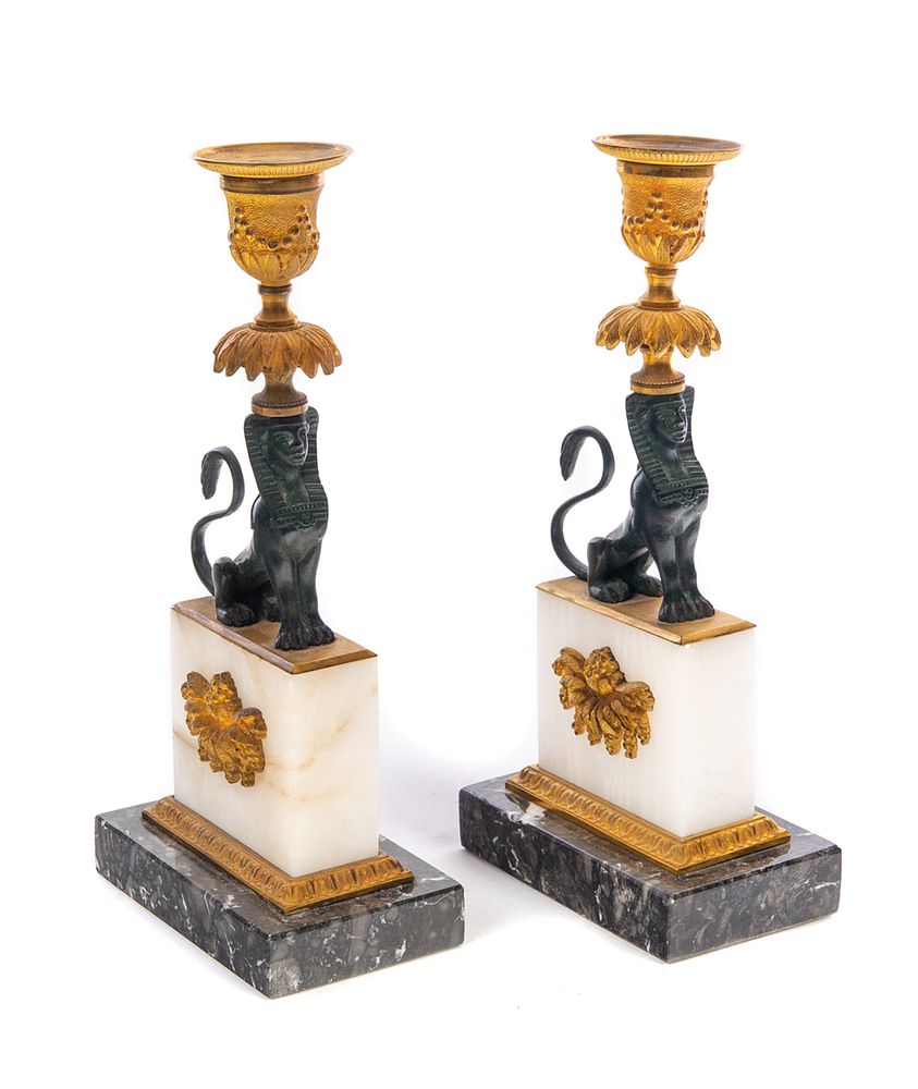 Appraisal: Pair French Empire Bronze Candlesticks Egyptian Sphinx Pair French Empire