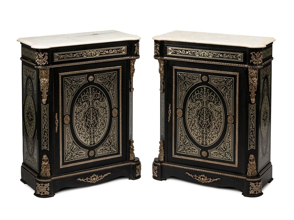 Appraisal: A Pair of Napoleon III Style Pewter Inlaid Marble-Top Cabinets