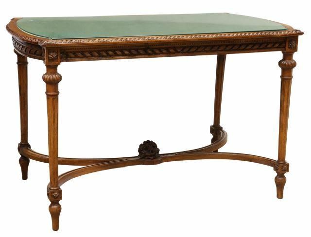 Appraisal: Louis XVI style walnut table late th c cartouche-shaped tabletop