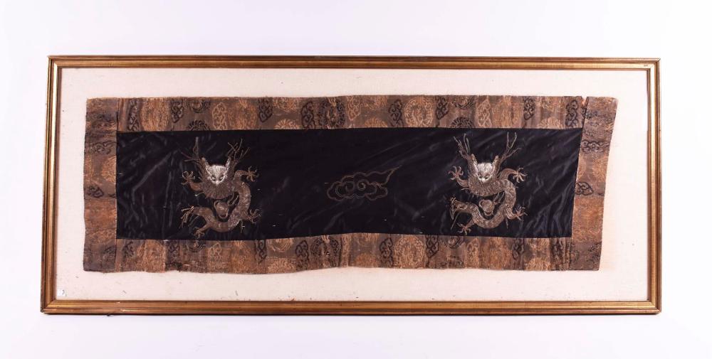 Appraisal: CHINESE SILVER THREAD EMBROIDERED DRAGON PANEL th Century Decorated with