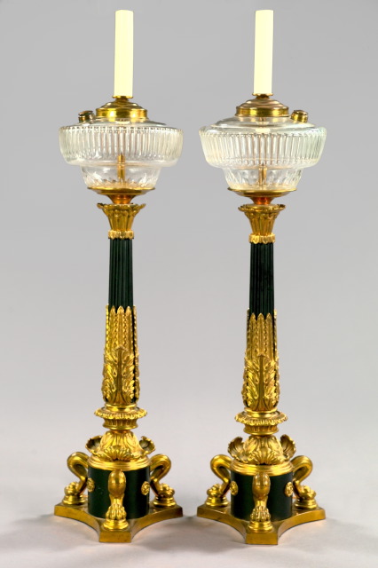 Appraisal: Tall Pair of English Gilt-Brass Black Tole-Peinte and Cut Glass