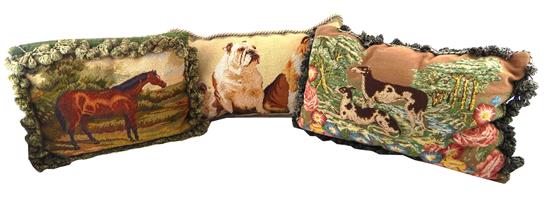 Appraisal: Three th C animal-themed needlework throw pillows first a feather-stuffed