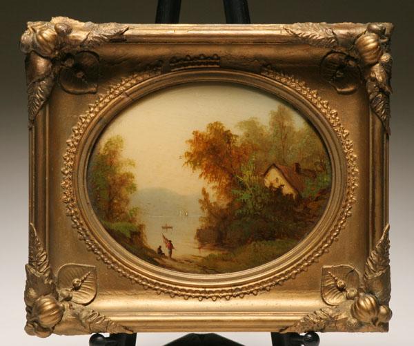 Appraisal: European painting under convex glass depicting two fisherman in the