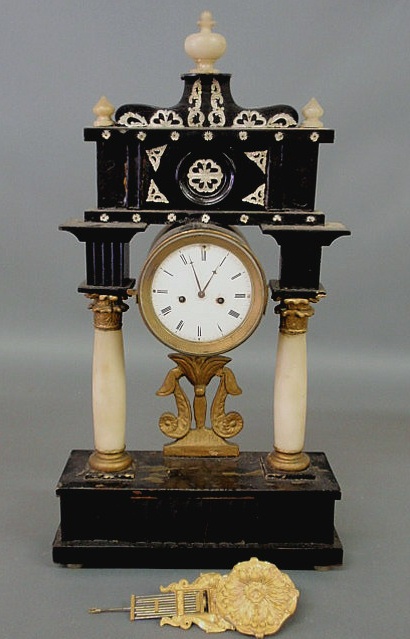 Appraisal: French ebonized wood mantel clock c with mother-of-pearl decoration and