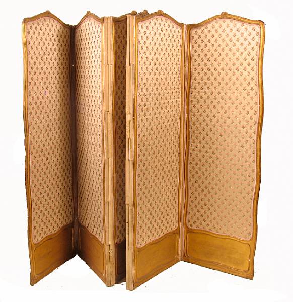 Appraisal: A carved and upholstered six panel screen each panel measures