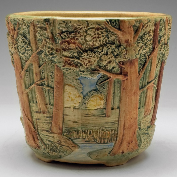 Appraisal: Weller Forest jardiniere large form with a colorful molded landscape