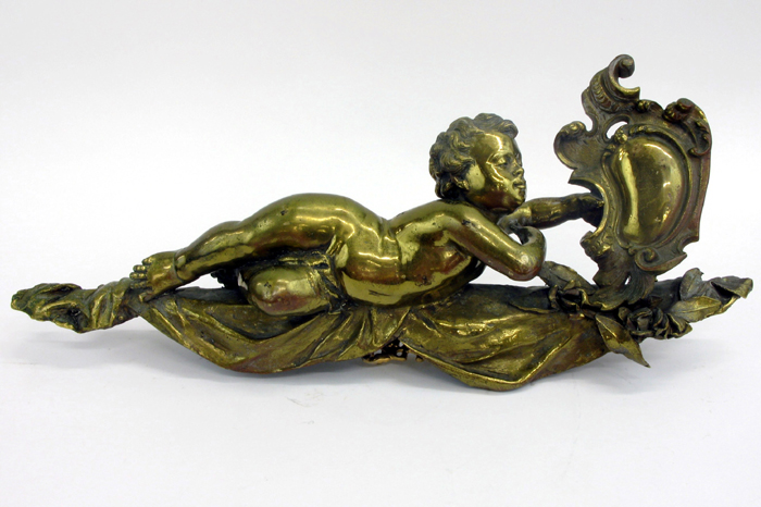 Appraisal: FRENCH TH CENTURY GILT BRONZE reclining and holding a baroque-shield