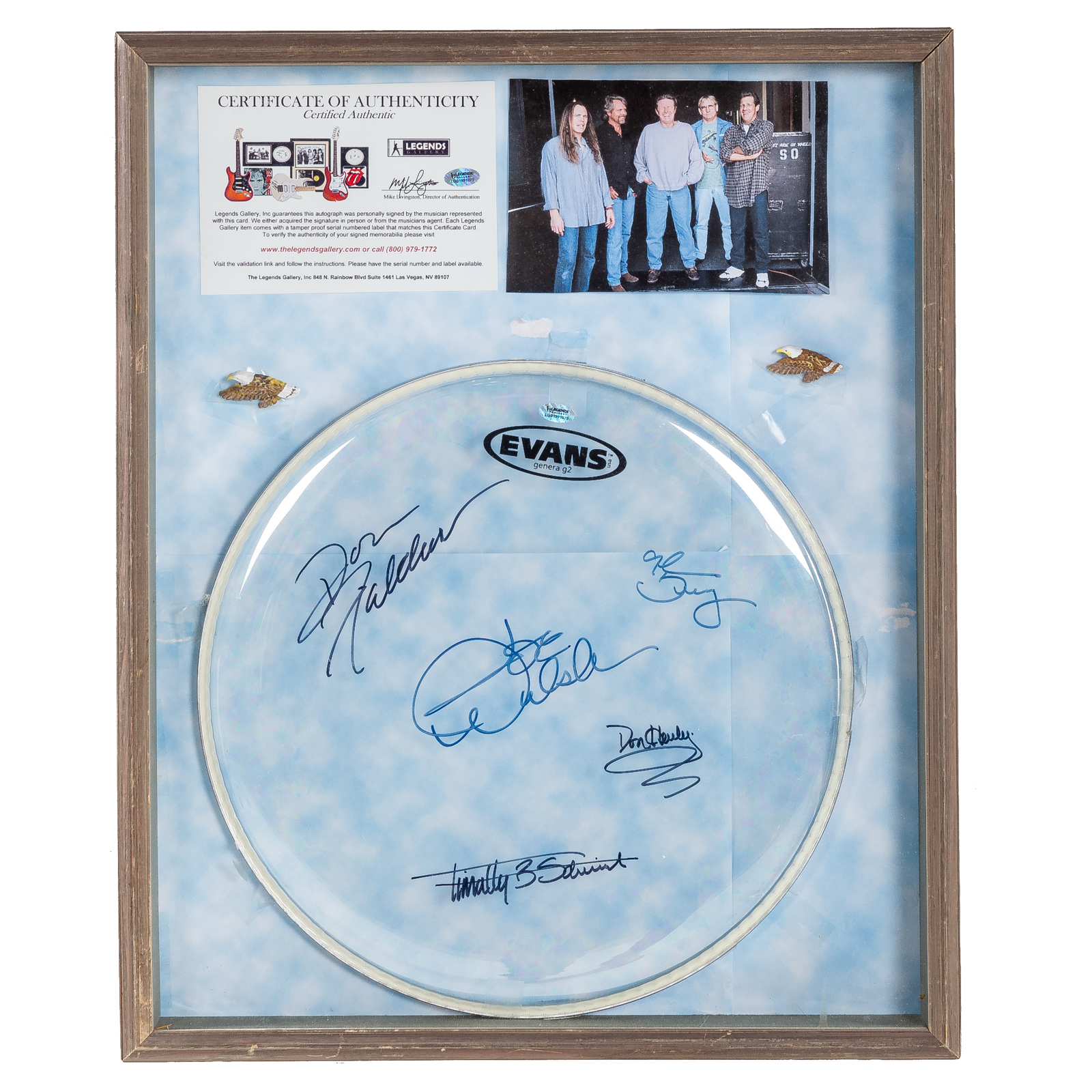 Appraisal: EVANS DRUM HEAD SIGNED BY THE EAGLES FRAMED Model General