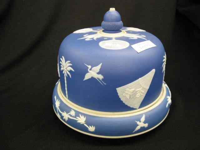 Appraisal: Wedgwood Type Jasperware Cheese Keeper dark blue unusual heron butterfly