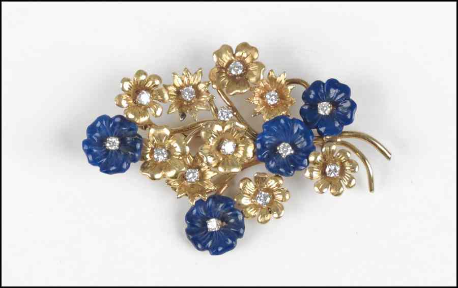 Appraisal: DIAMOND LAPIS AND KARAT YELLOW GOLD FLOWER BROOCH round diamonds