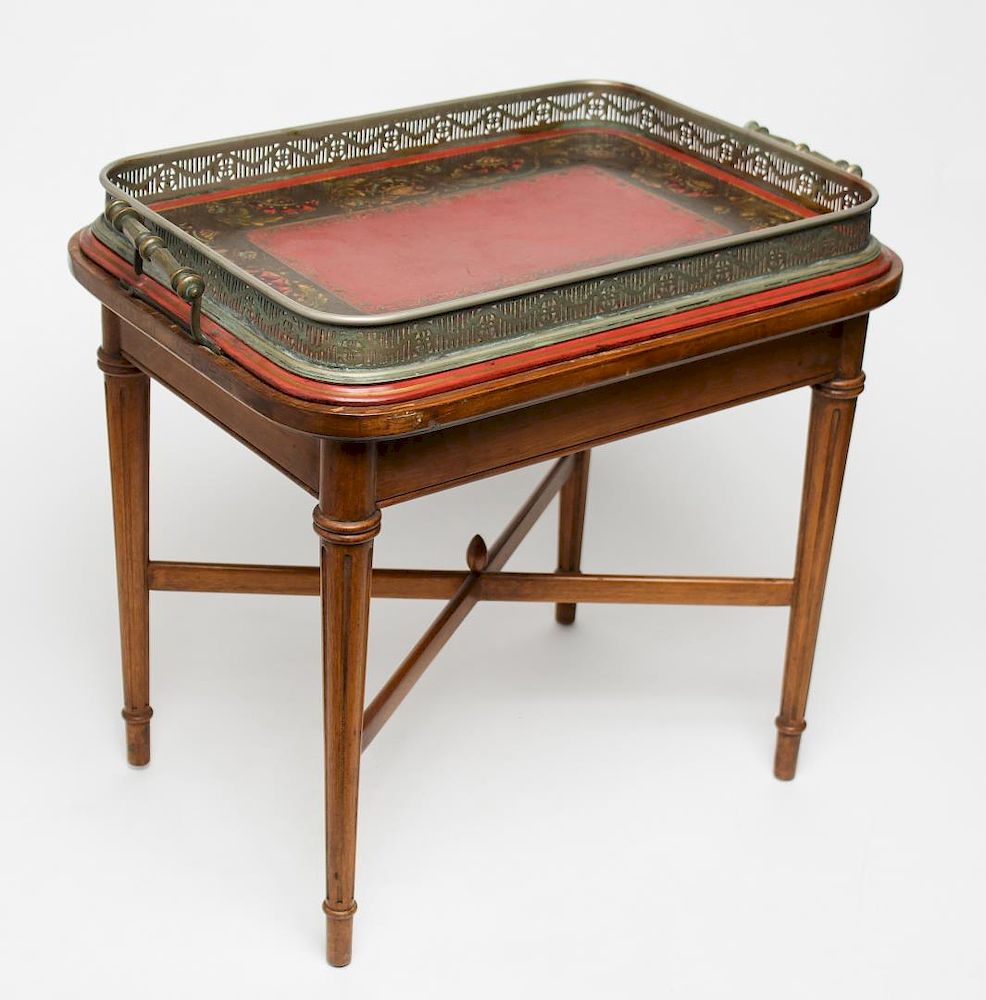 Appraisal: Walnut Painted Leather Gallery Tray-Top Table Small walnut table with