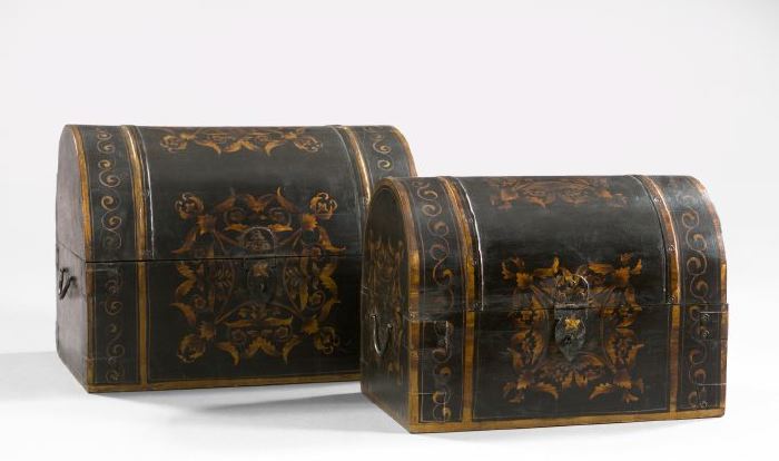 Appraisal: Nested Pair of Continental Wrought-Iron-Mounted and Gilt-Stenciled Black-Painted Wooden Dome-Lidded