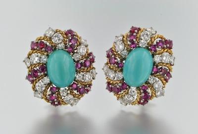 Appraisal: A Pair of Turquoise Diamond and Ruby Earclips ca 's