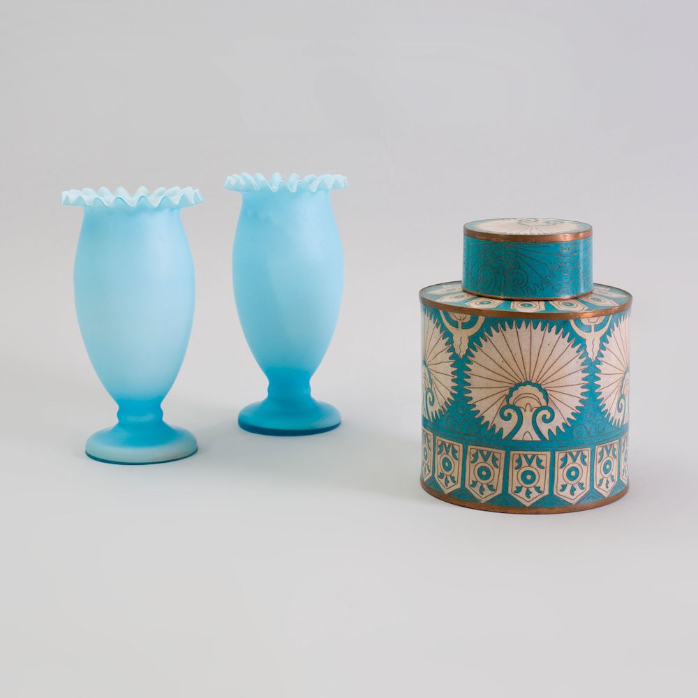 Appraisal: French Blue and White Cloisonn Covered Jar and a Pair