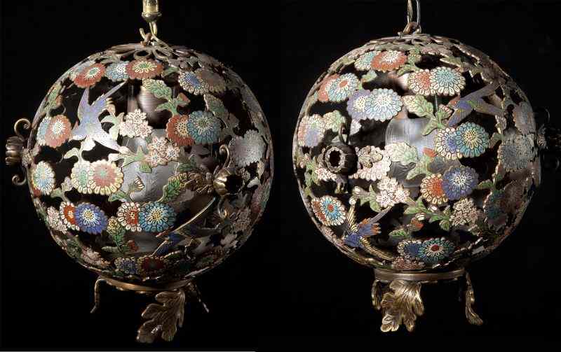 Appraisal: Pair of Chinese Champleve Ceiling Lanternspierced bronze chrysanthemum and bird