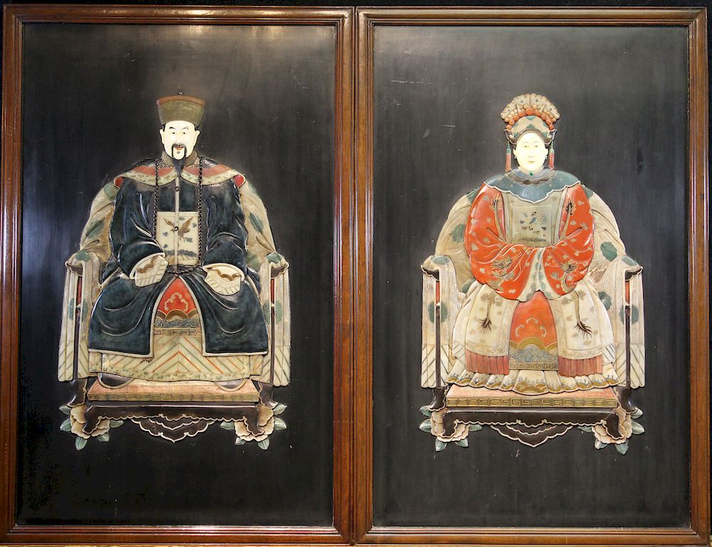 Appraisal: Large Chinese Applied Stone Ancestral Portraits Large Chinese Painted Carved