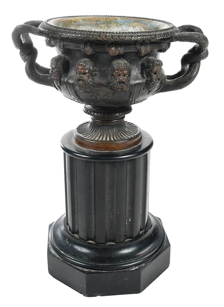 Appraisal: Patinated Bronze Urn Planter on Black Stone Base Continental th