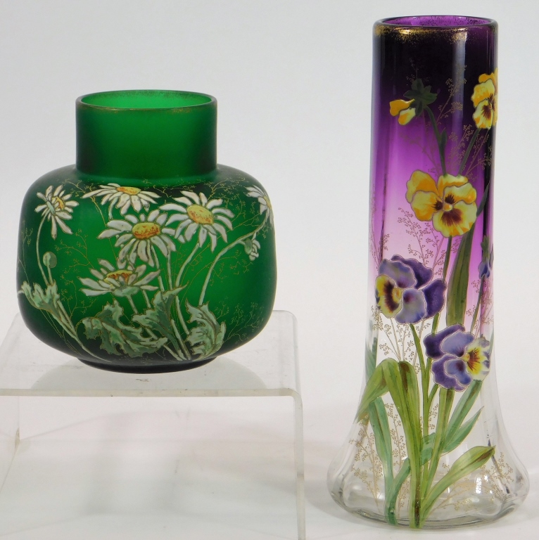 Appraisal: PC VICTORIAN ENAMELED FLOWERS ART GLASS VASES Europe Late th-Early