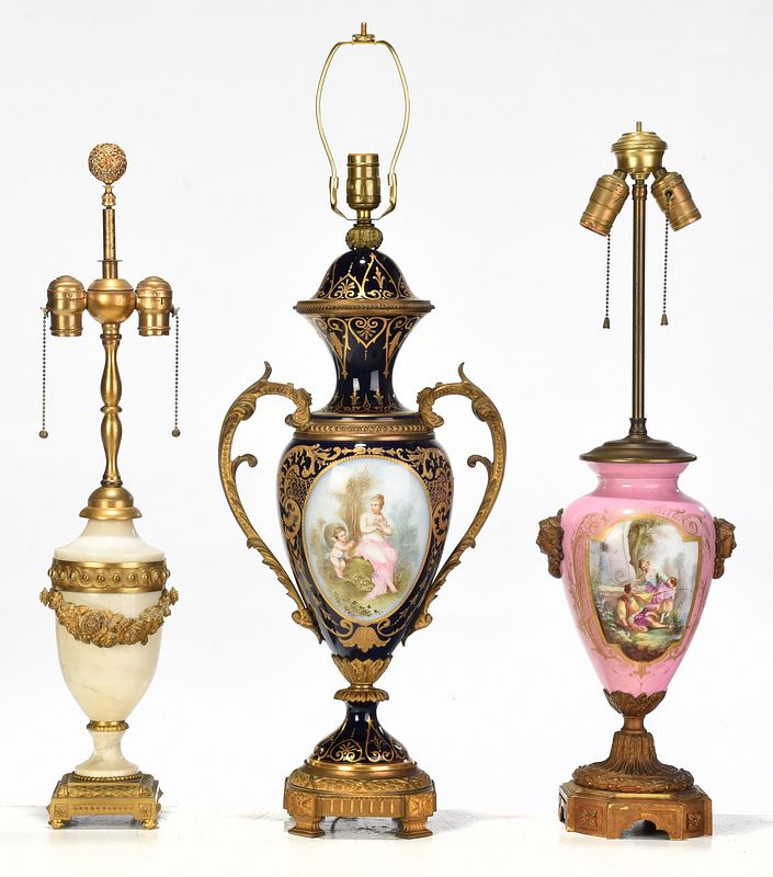 Appraisal: Two Sevres Style Lamps and Marble Urn Form Lamp French