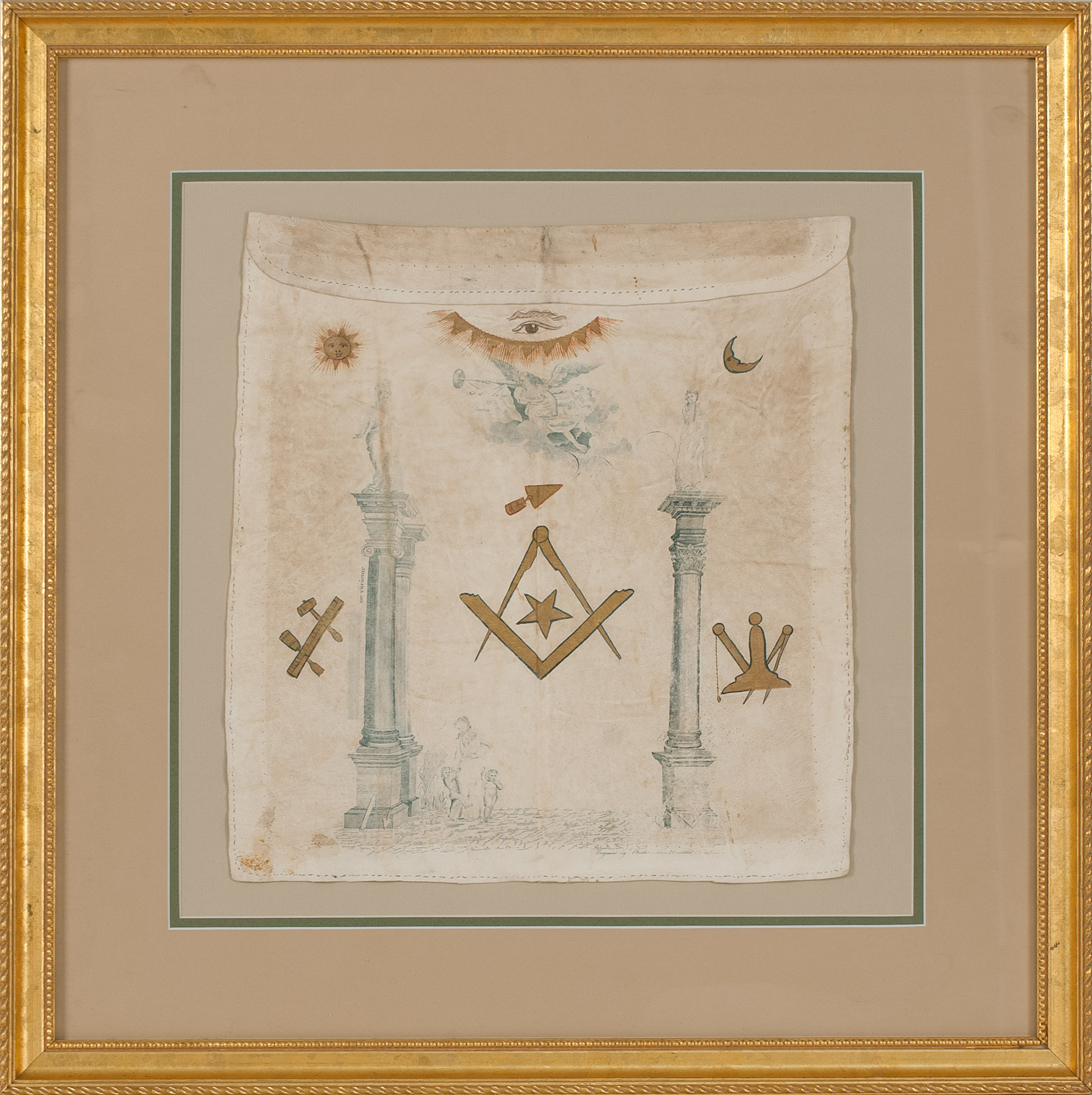 Appraisal: FRAMED MASONIC APRON Circa - In white leather Printed blue