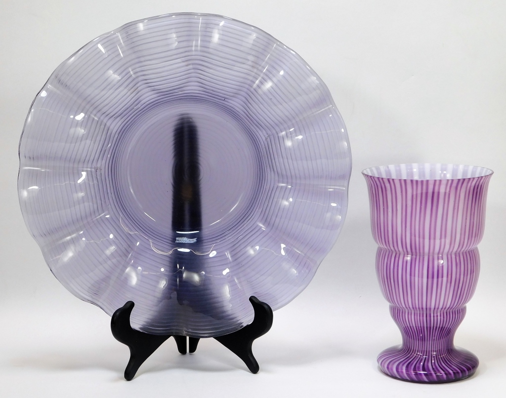 Appraisal: PURPLE BOHEMIAN ART GLASS VASE AND PLATE GROUP Bohemia th