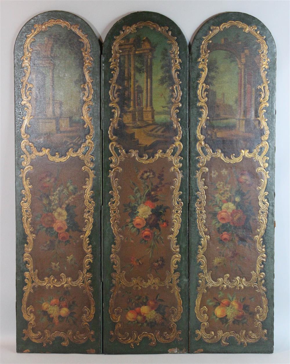 Appraisal: VENETIAN STYLE PAINTED AND PARCEL GILT LEATHER THREE-PANEL SCREEN early